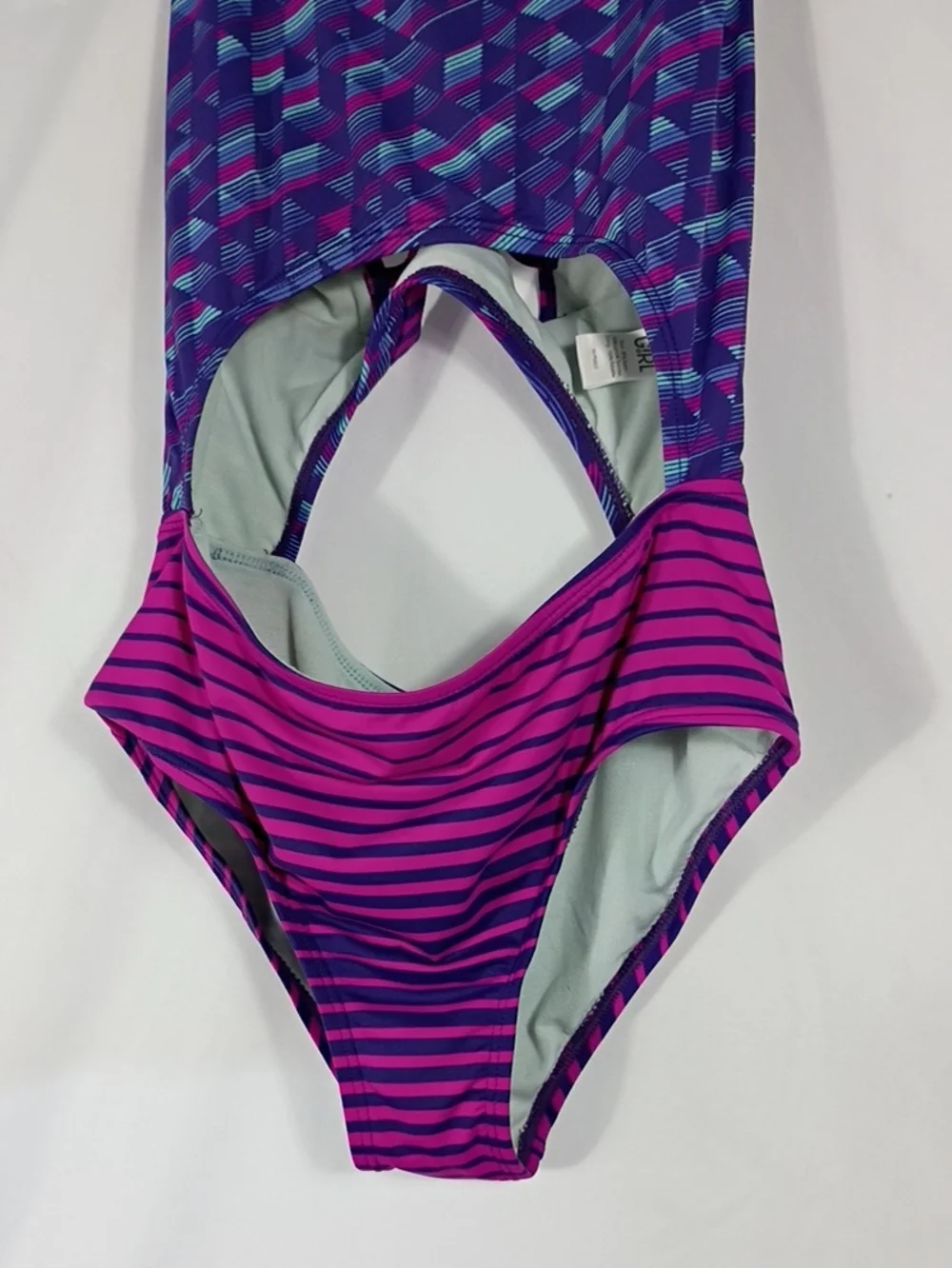 EUC Athleta Girl Purple/ Pink Patterned T-Back Cut Out One-Piece Swim Sz XL 14